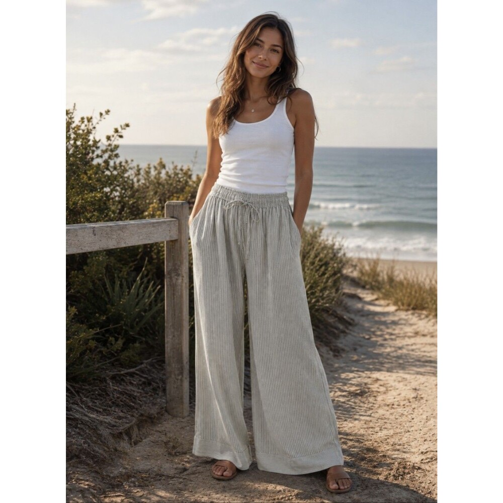NWT $ 128 Max Studio Wide Leg Linen Blend Trousers Sz Large Olive Stripe Coastal